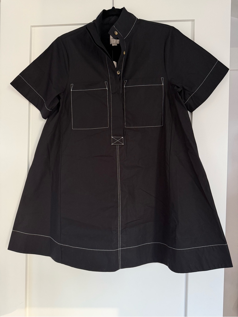 Maeve by Anthro Black Short-Sleeve A-Line Dress with White Contrast Stitching